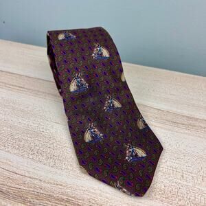 Etro Silk Necktie Horse Equestrian Brown Tan Paisley Boho Luxury Designer Tie